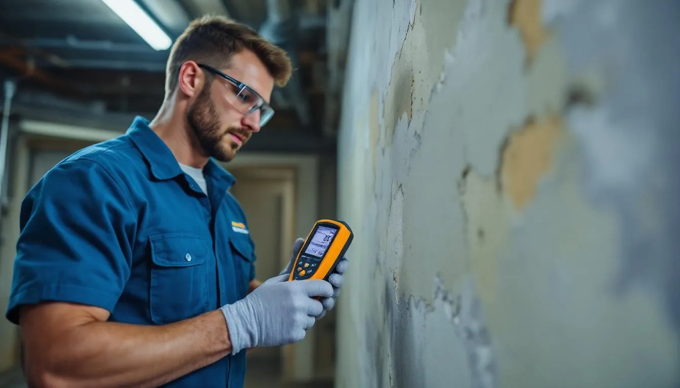 Wizualizacja przedstawia specjalistę wykonującego pomiary wilgotności w ścianie budynku, co jest kluczowym krokiem w procesie osuszania ścian. Specjalista używa urządzenia do pomiaru, aby ocenić stopień zawilgocenia, co pomoże w wyborze odpowiednich metod osuszania budynków.