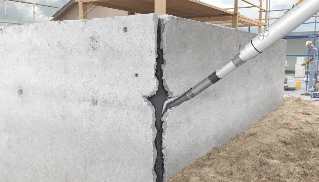 W obrazie przedstawiony jest proces wykonywania iniekcji w ścianie fundamentowej, który ma na celu osuszanie ścian budynku. Widoczne są otwory iniekcyjne, przez które wprowadzane są środki chemiczne, aby skutecznie usunąć nadmiar wilgoci i zapobiec dalszym procesom destrukcyjnym.