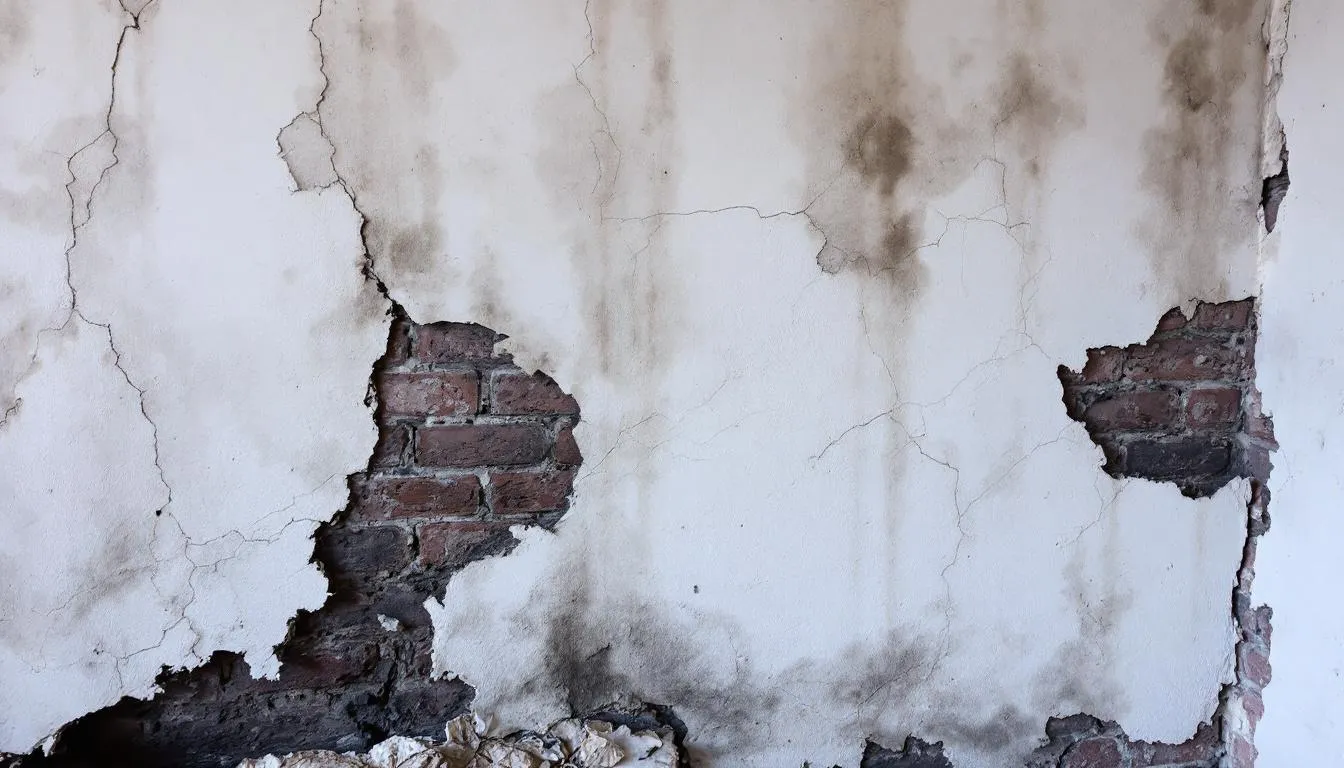 . The image shows damp walls with visible stains and peeling plaster, indicating moisture issues that may require professional services for effective osuszanie budynków. The presence of these signs suggests potential nieszczelność instalacji wodnej and the need for usunięcie nadmiaru wilgoci to prevent further structural damage.